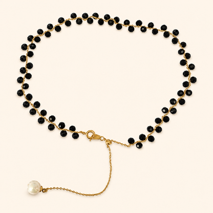 Women’s Black Crystal Beaded Choker Necklace & Wrap Bracelet with Mother-of-Pearl Charm