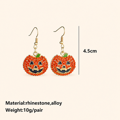 Women’s Halloween Pumpkin and Ghost Drop Earrings with Colorful Rhinestones