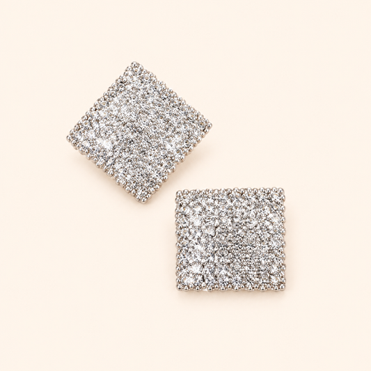 Women’s Silver-Tone Square Statement Stud Earrings with Allover Sparkling Stones