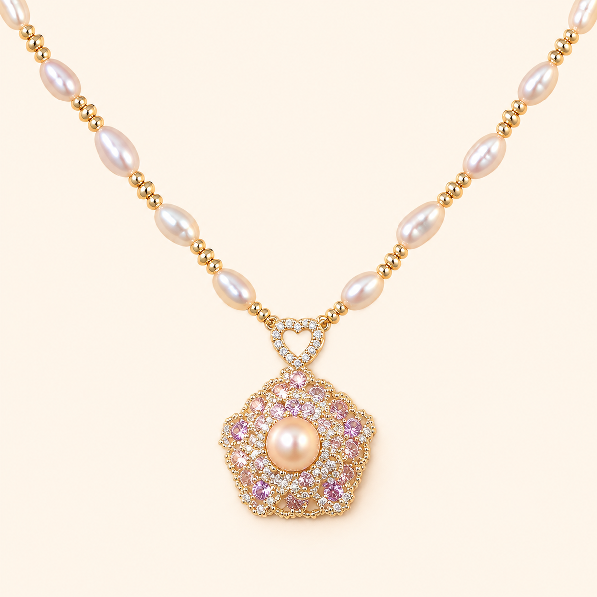 Women’s Natural Pearl Necklace with Sparkling Zircon Flower Detail