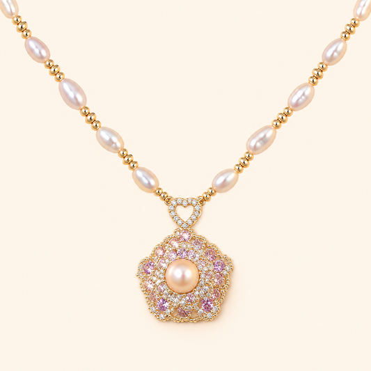 Women’s Natural Pearl Necklace with Sparkling Zircon Flower Detail