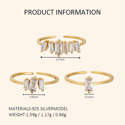 925 Sterling Silver Baguette Crystal Adjustable Open Ring