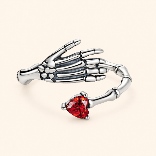 925 Sterling Silver Skeleton Hand Ring with Red Heart Detail – Gothic Open Ring