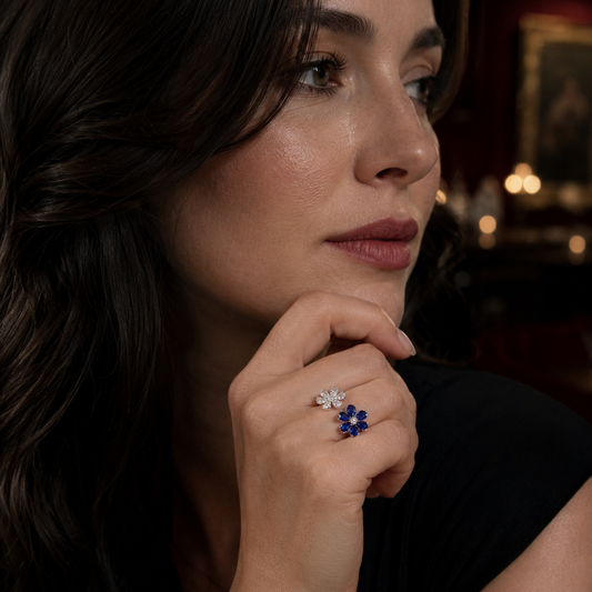 S925 Sterling Silver Adjustable Double Flower Ring with High-Carbon Stone Accents
