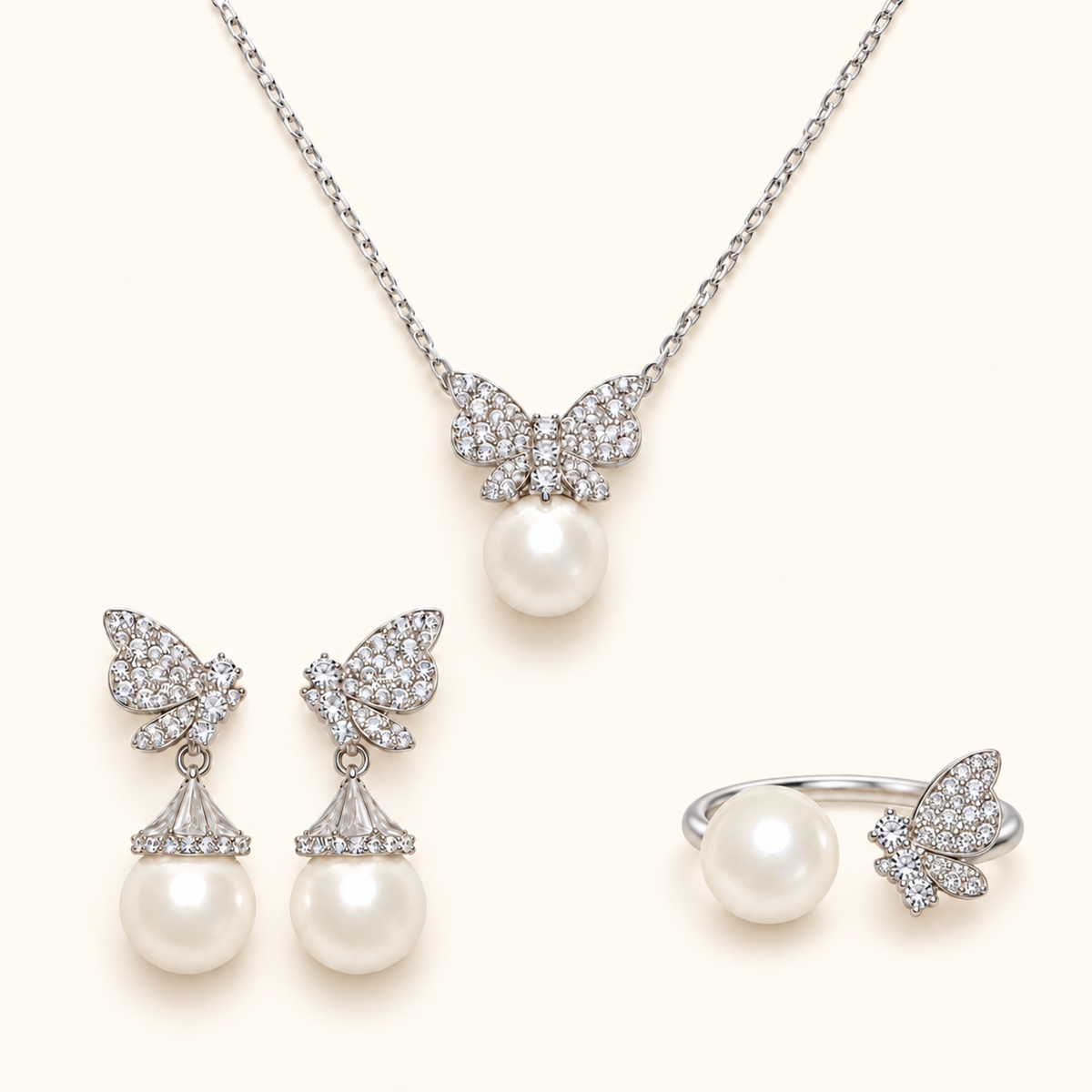 Women’s Elegant Butterfly Pearl Cubic Zirconia Necklace, Earrings and Ring Set