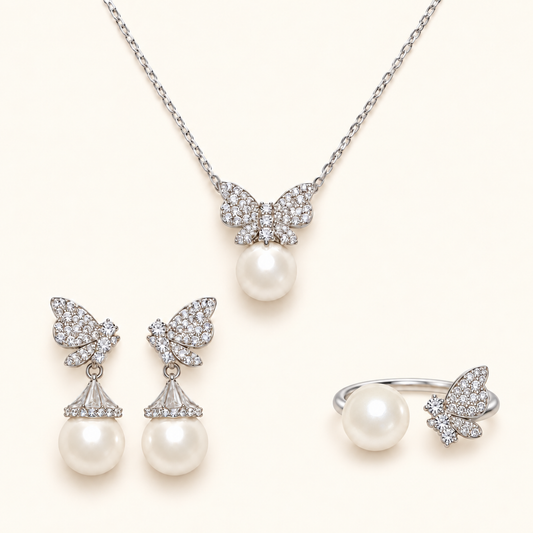 Women’s Elegant Butterfly Pearl Cubic Zirconia Necklace, Earrings and Ring Set