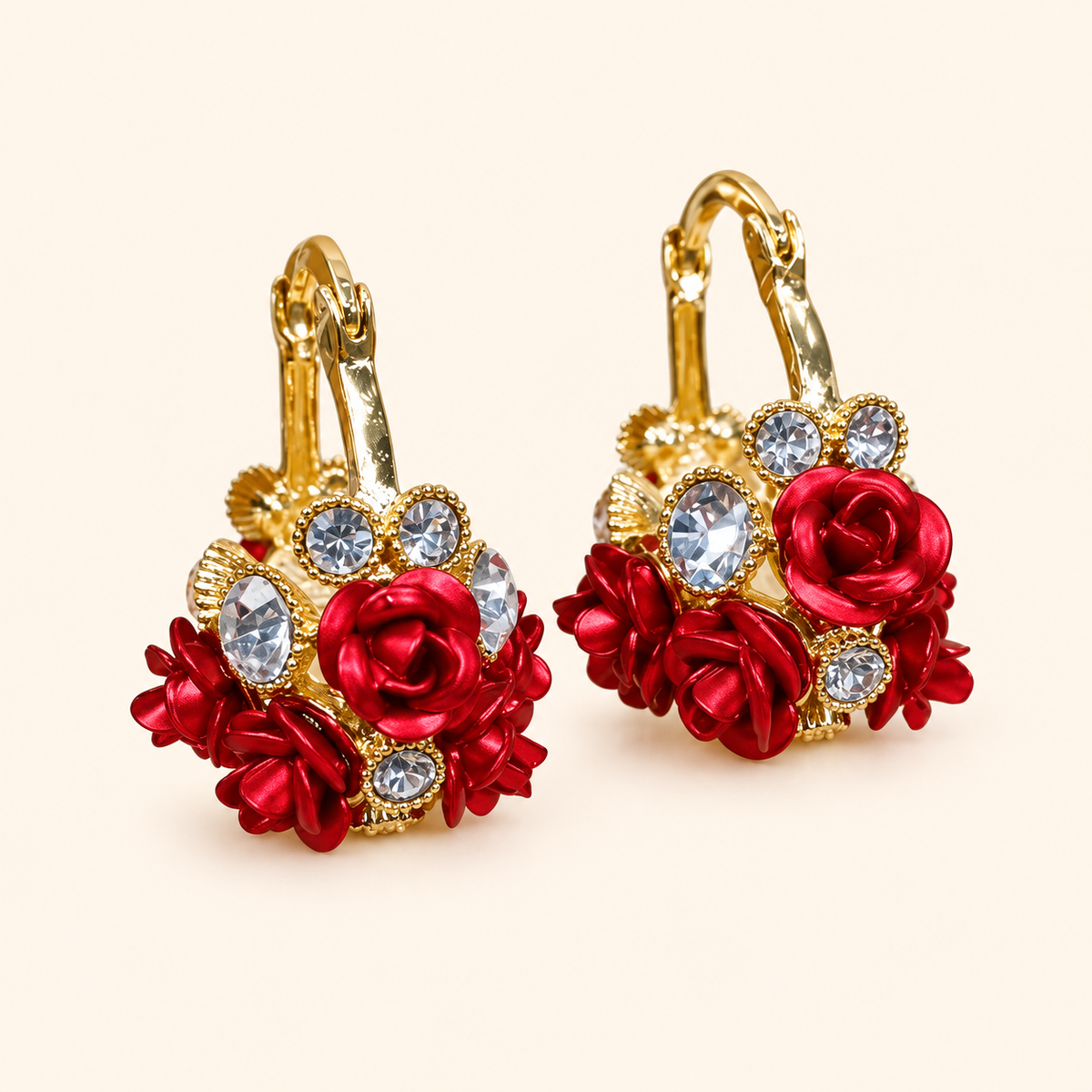 Women’s Gold Tone Romantic Rose Flower Basket Drop Earrings with Sparkling Zircon Detail