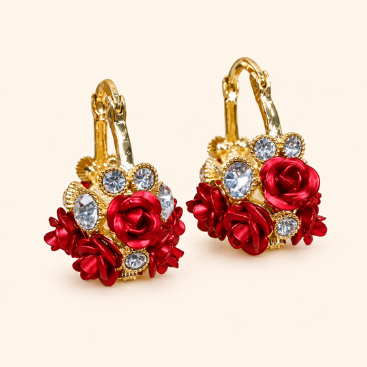 Women’s Gold Tone Romantic Rose Flower Basket Drop Earrings with Sparkling Zircon Detail