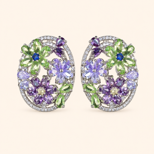 Women’s Silver-Tone Vintage-Inspired Floral Statement Stud Earrings with Multicolor Crystal and Zircon Detail