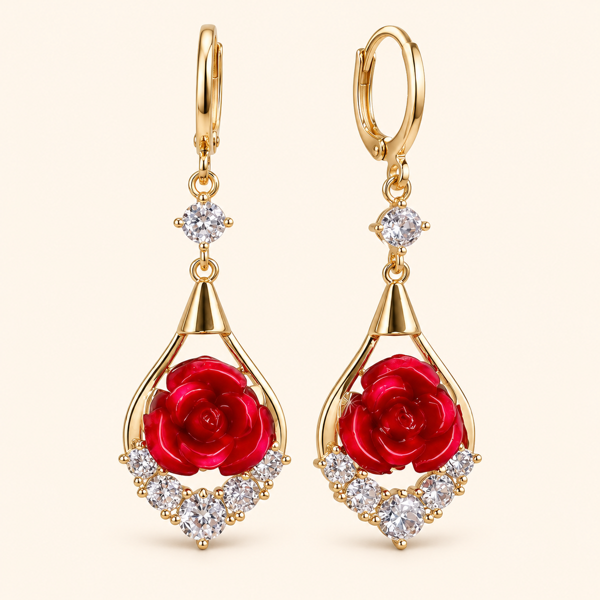 Women’s Elegant Rose Flower Drop Hoop Earrings with Sparkling Teardrop Frame