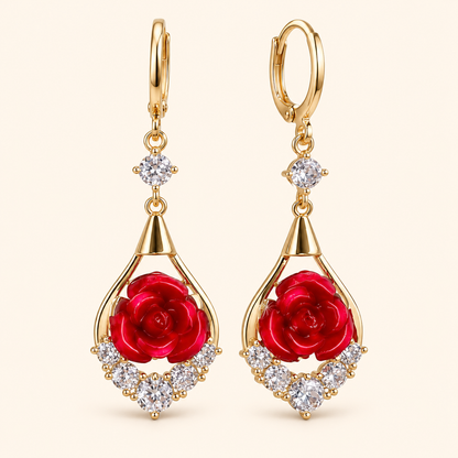 Women’s Elegant Rose Flower Drop Hoop Earrings with Sparkling Teardrop Frame