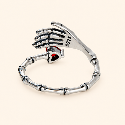 925 Sterling Silver Skeleton Hand Ring with Red Heart Detail – Gothic Open Ring