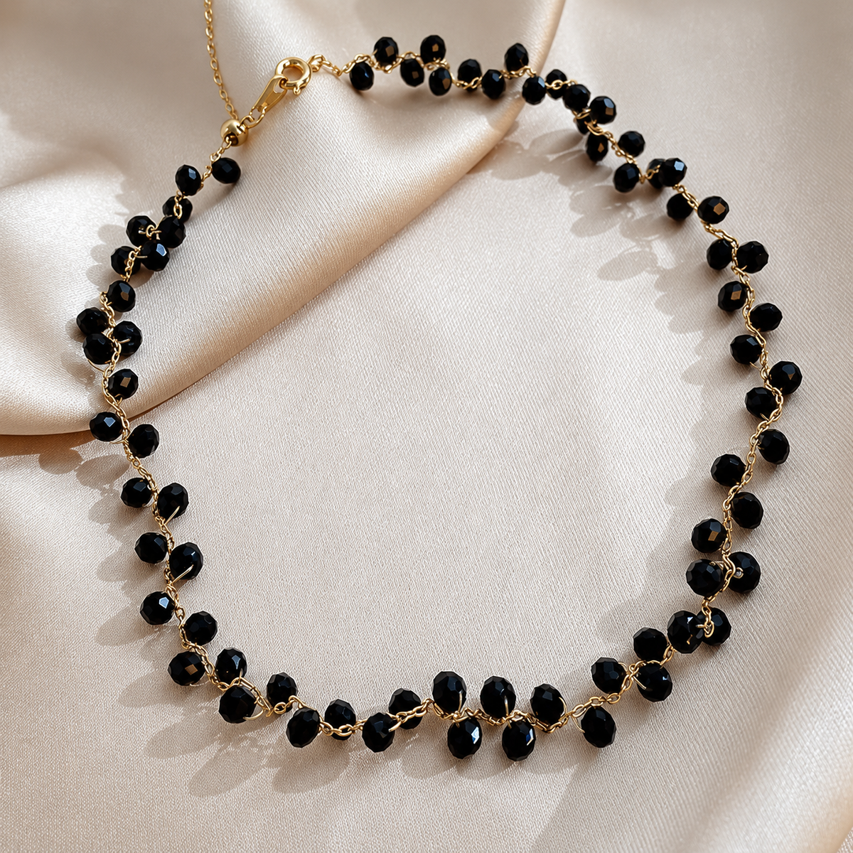 Women’s Black Crystal Beaded Choker Necklace & Wrap Bracelet with Mother-of-Pearl Charm