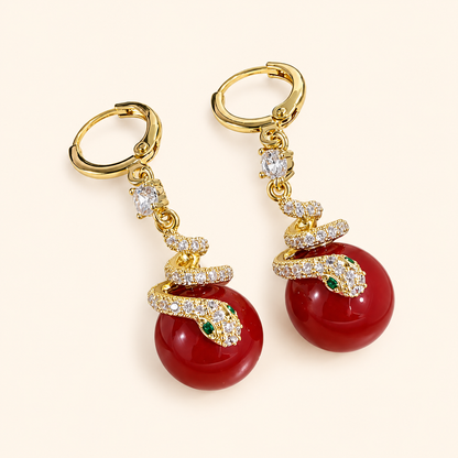 Women’s Elegant Electroplated Copper Snake Drop Earrings with Pearl Detail