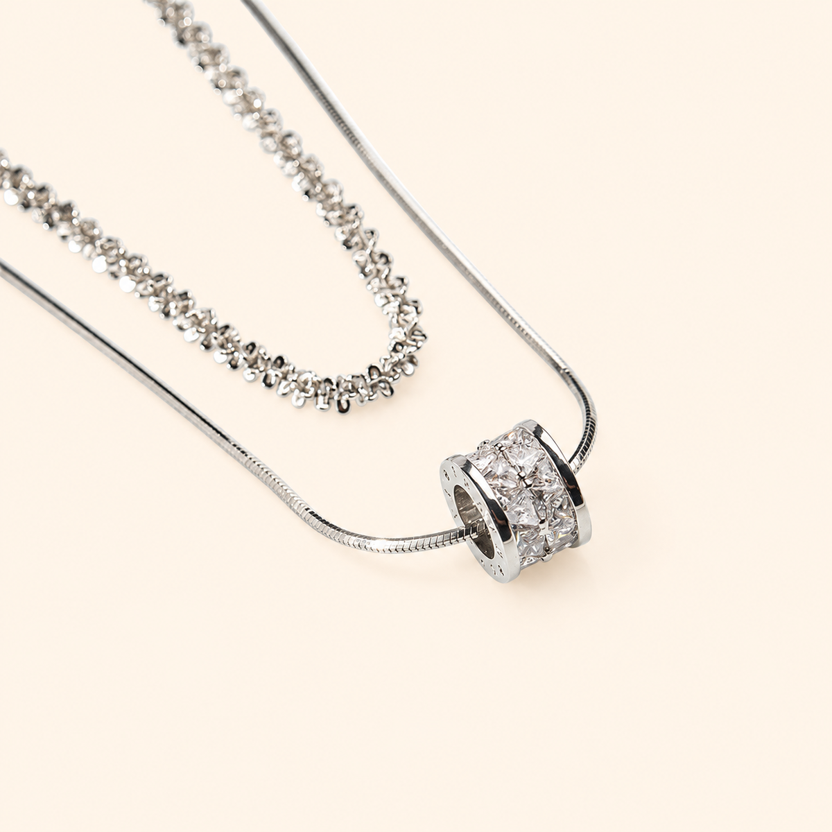 Women’s Silver-Tone Double-Layer Box Chain Necklace with Zircon Detail