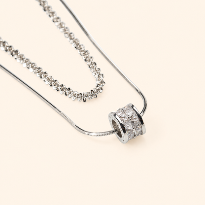 Women’s Silver-Tone Double-Layer Box Chain Necklace with Zircon Detail