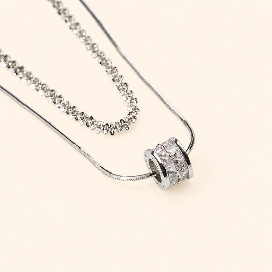 Women’s Silver-Tone Double-Layer Box Chain Necklace with Zircon Detail