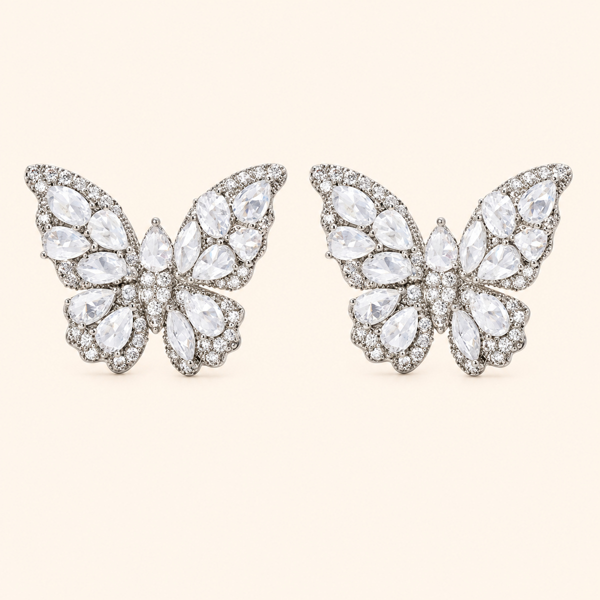 Women’s Silver-Tone Vintage-Inspired Butterfly Statement Stud Earrings with Sparkling Teardrop Zircon Detail