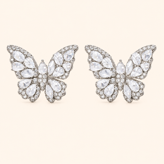 Women’s Silver-Tone Vintage-Inspired Butterfly Statement Stud Earrings with Sparkling Teardrop Zircon Detail