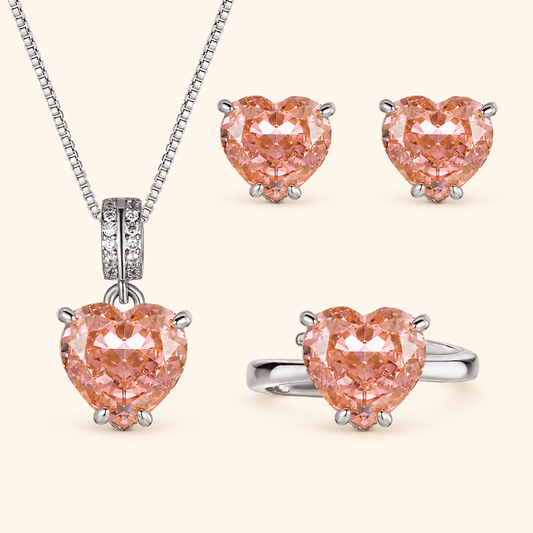 Women’s Padparadscha-Inspired Heart Jewelry Set with Zircon Detail