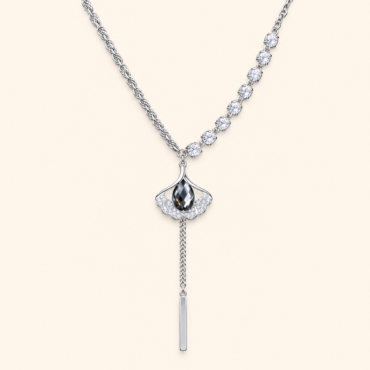Women’s Silver-Tone Elegant Long Sweater Necklace with Sparkling Teardrop Pendant and Chain Tassel