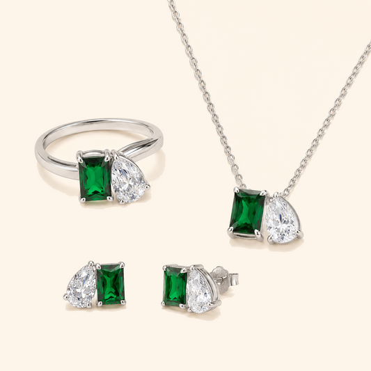 Women’s 925 Sterling Silver Green Stone Jewelry Set with Earrings, Necklace and Ring