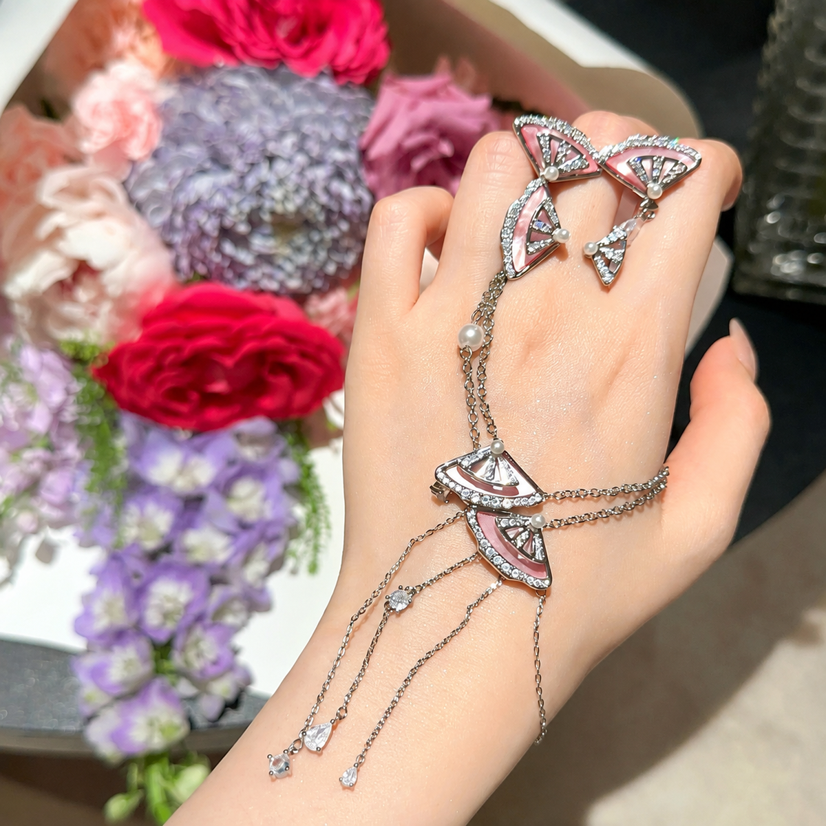 Women’s Pink Mother-of-Pearl Fan Cubic Zirconia Tassel Necklace, Stud Earrings and Adjustable Ring Jewelry Set