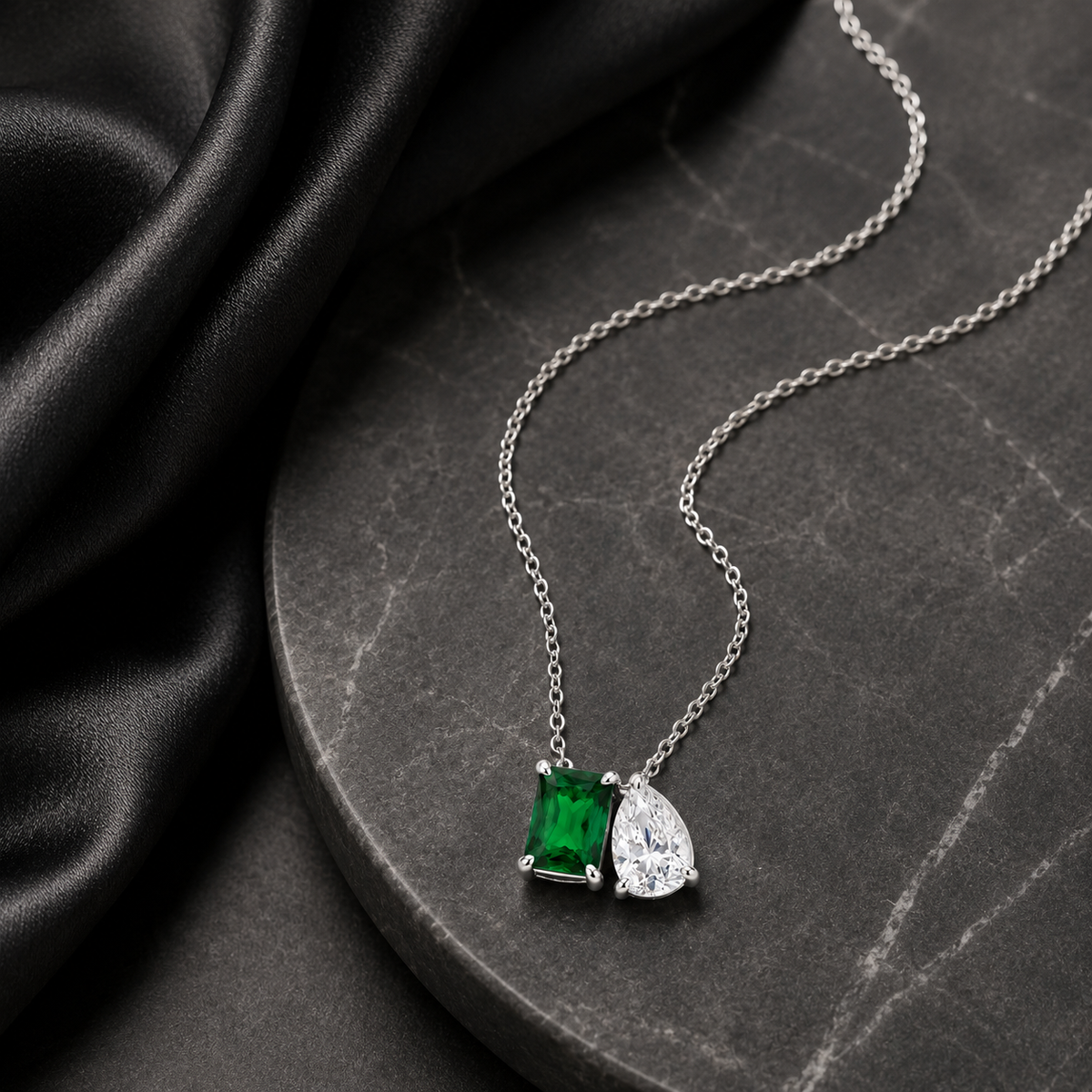 Women’s 925 Sterling Silver Emerald Green Two-Stone Pendant Necklace