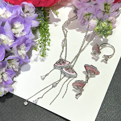 Women’s Pink Mother-of-Pearl Fan Cubic Zirconia Tassel Necklace, Stud Earrings and Adjustable Ring Jewelry Set