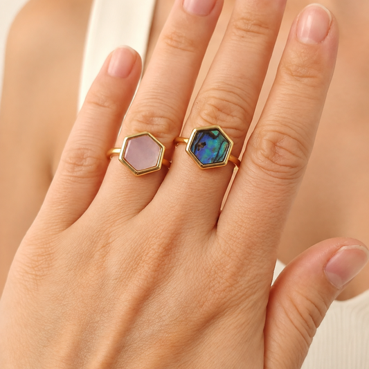 Gold-Plated Adjustable Hexagon Shell Inlay Ring