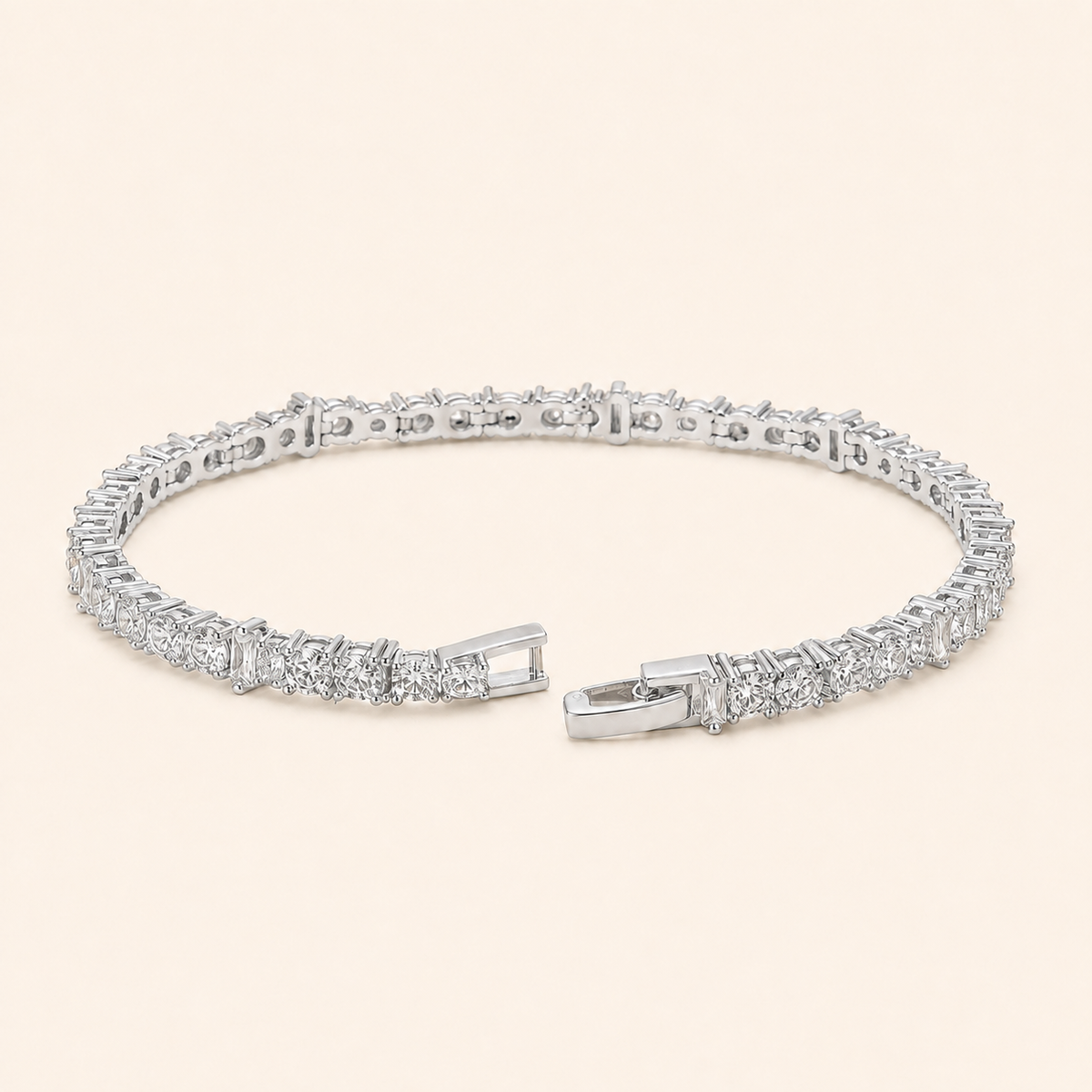 Women’s Silver Tone Alternating Baguette & Round Stone Tennis Bracelet