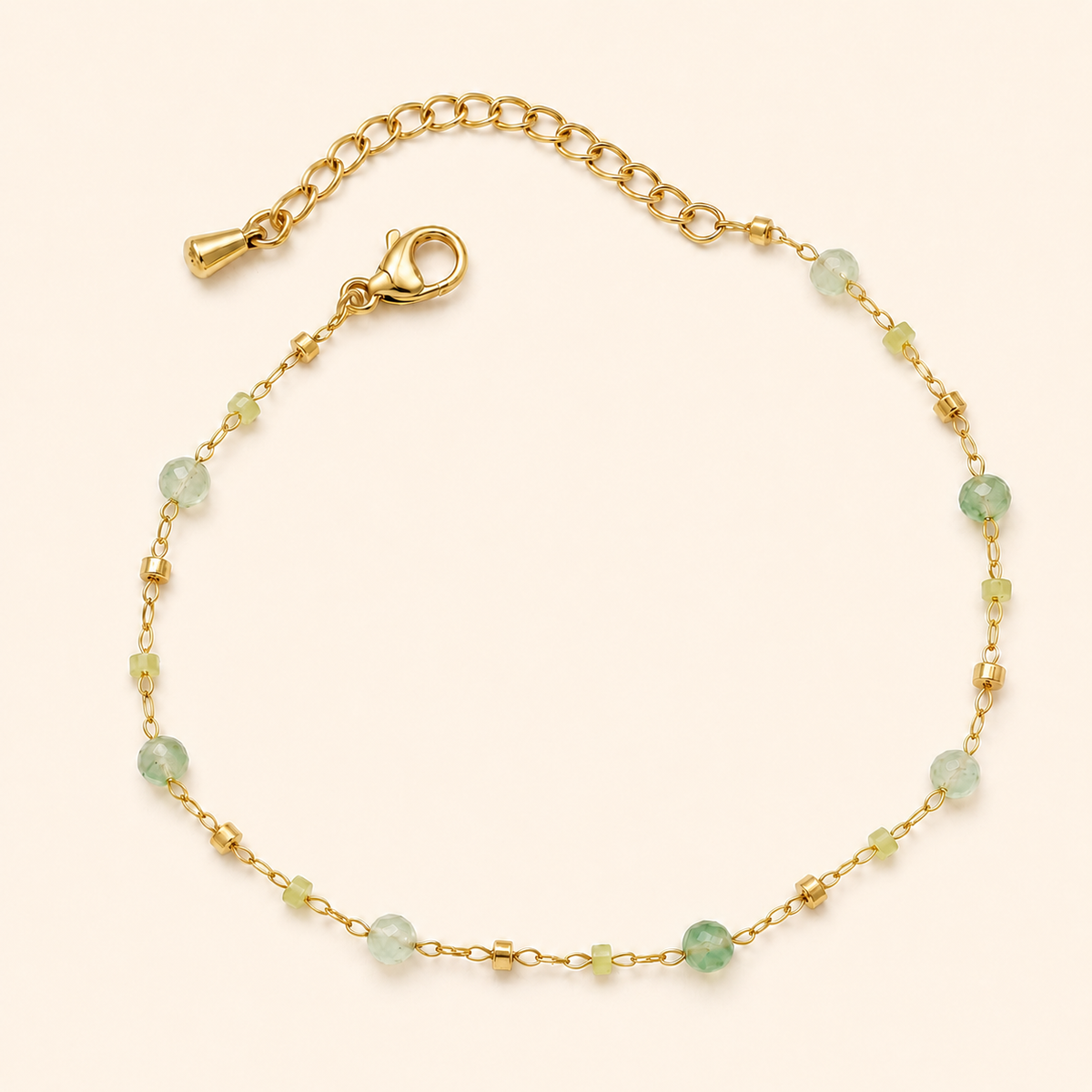 Women’s Gold-Tone Green Stone Beaded Delicate Chain Bracelet