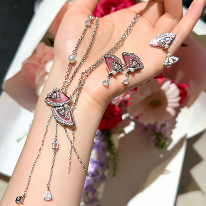 Women’s Pink Mother-of-Pearl Fan Cubic Zirconia Tassel Necklace, Stud Earrings and Adjustable Ring Jewelry Set