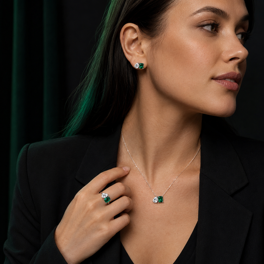 Women’s 925 Sterling Silver Green Stone Jewelry Set with Earrings, Necklace and Ring