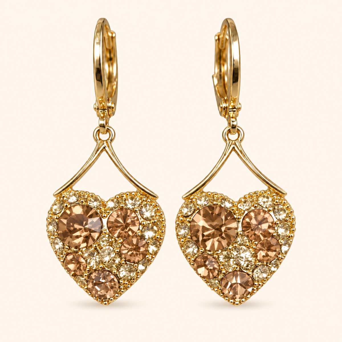 Women’s Gold-Tone Vintage-Inspired Heart Drop Earrings with Sparkling Coffee-Brown Stones