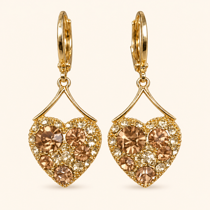 Women’s Gold-Tone Vintage-Inspired Heart Drop Earrings with Sparkling Coffee-Brown Stones