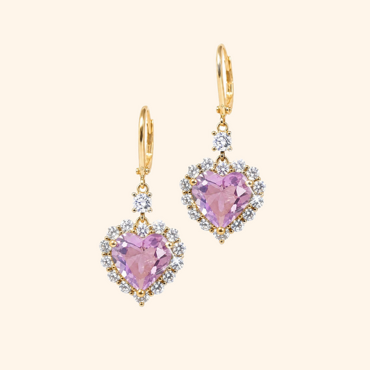 Gold-Tone Pink Heart Crystal Drop Earrings