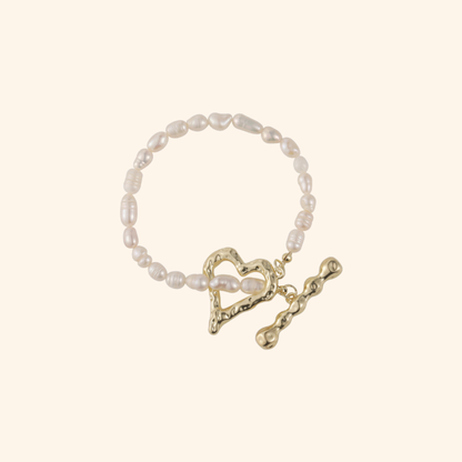 French Vintage Freshwater Pearl Heart Toggle Necklace & Bracelet Set