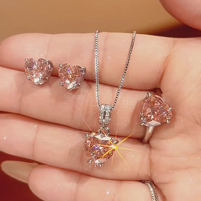 Women’s Padparadscha-Inspired Heart Jewelry Set with Zircon Detail