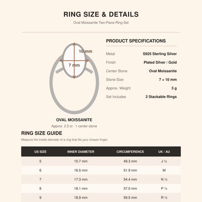 Women’s S925 Sterling Silver Oval Moissanite Two-Piece Stackable Ring Set, 7×10 mm